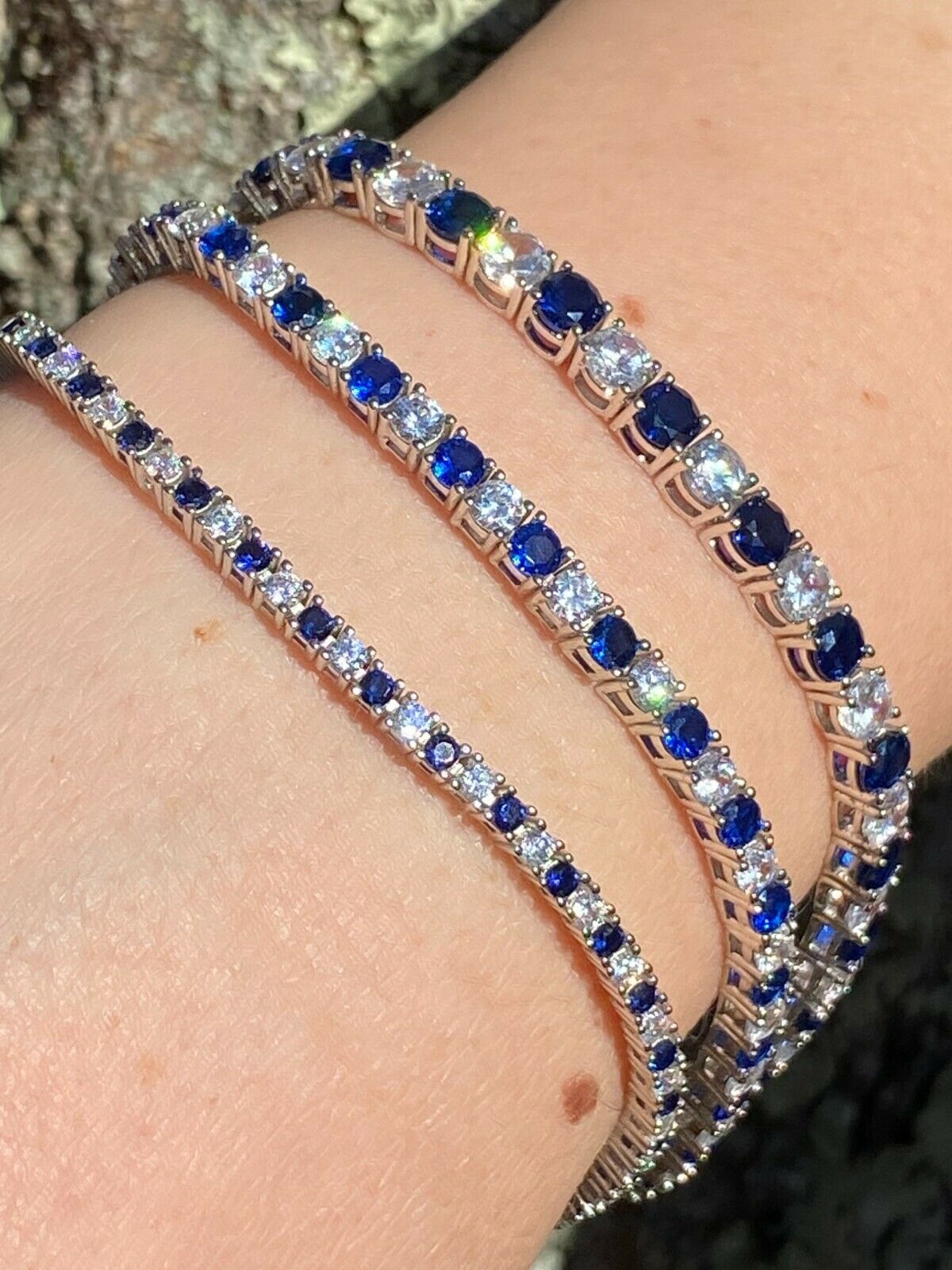 Tennis Bracelet Solid 925 Sterling Silver Single Row Diamond & Blue Sapphire