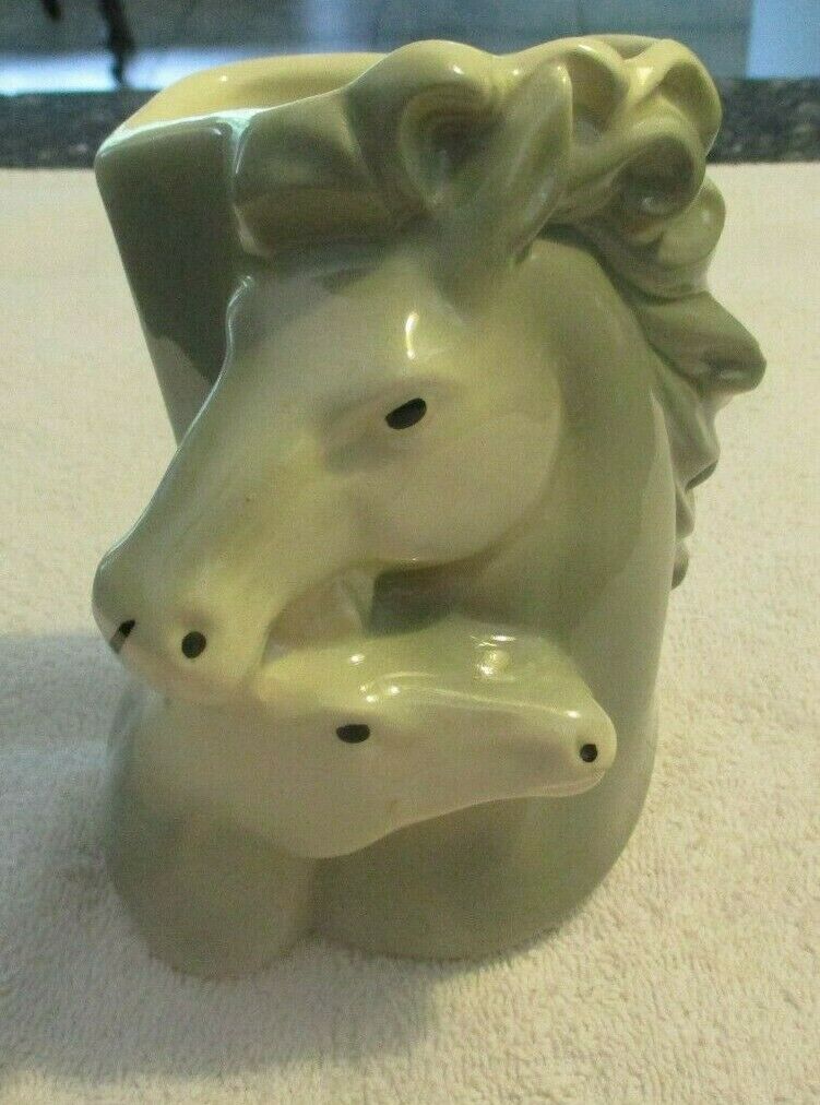 Vintage American Bisque Horse And Foal 6” Planter/vase - Gray And White