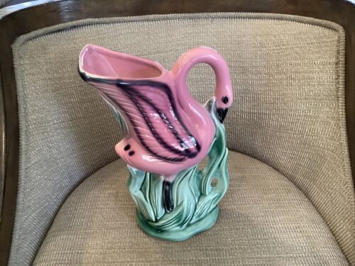 Vintage American Bisque Flamingo 10” Vase Planter Pitcher Kitsch Florida Decor