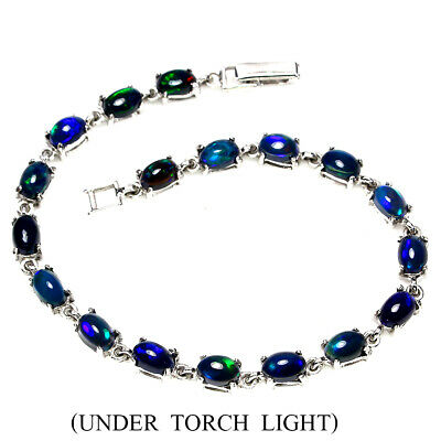 Oval Black Opal Hot Rainbow 6x4mm 925 Sterling Silver Bracelet 7.5 Inches
