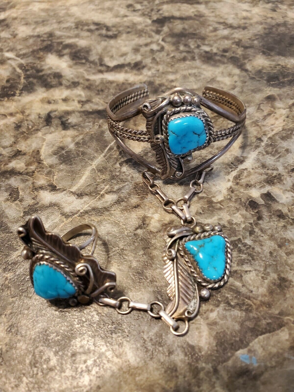Turquoise & Sterling Silver Slave Bracelet & Ring - Vintage, Beautiful, Signed