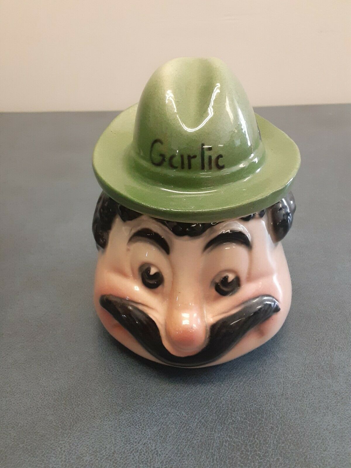 American Bisque Condiment Garlic Jar /man With Mustache Anthromorphic With Lid
