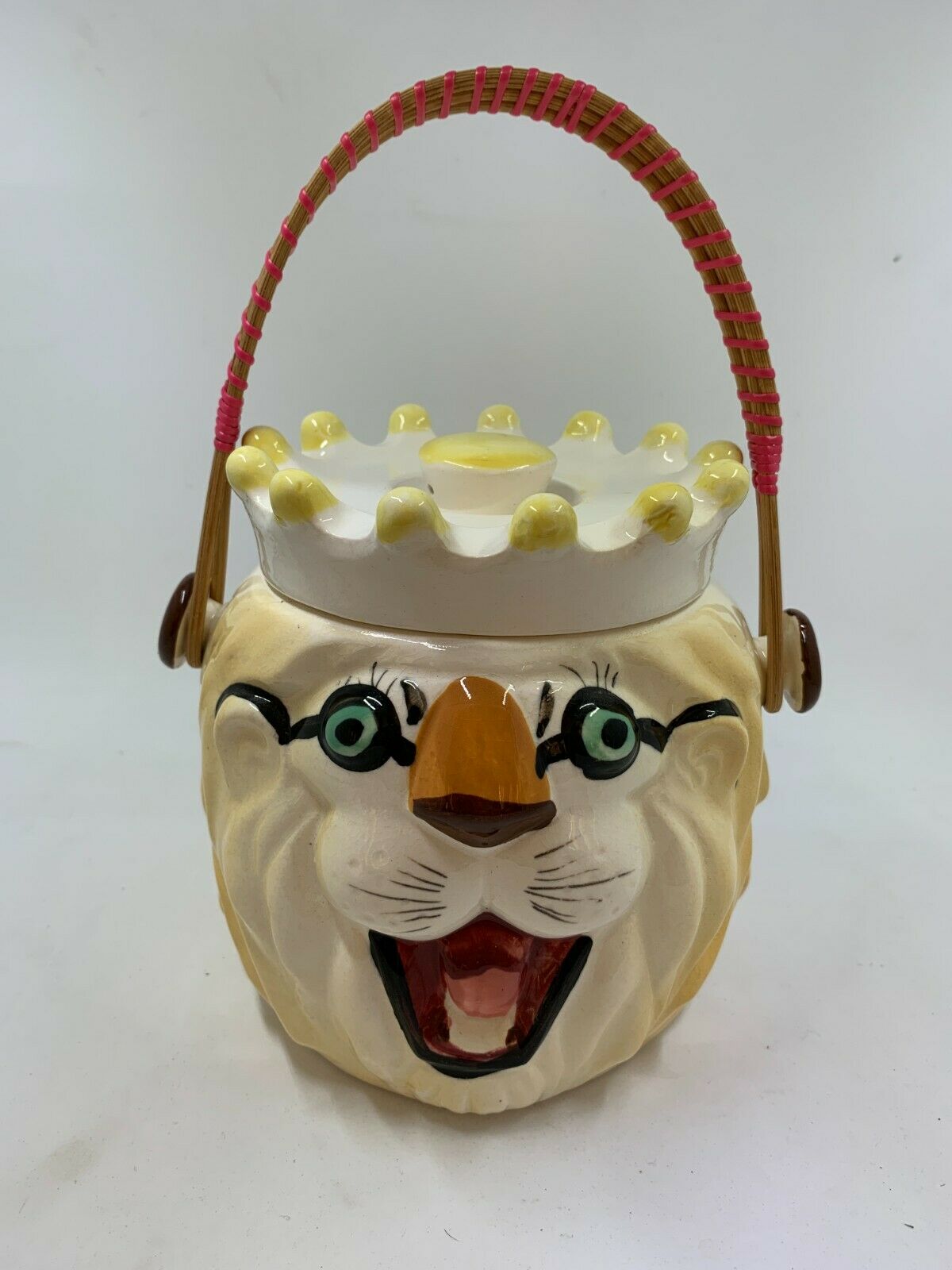 Vintage Japanese Bisque Funny Lion Head Cookie Jar With Bamboo Handle Grantcrest
