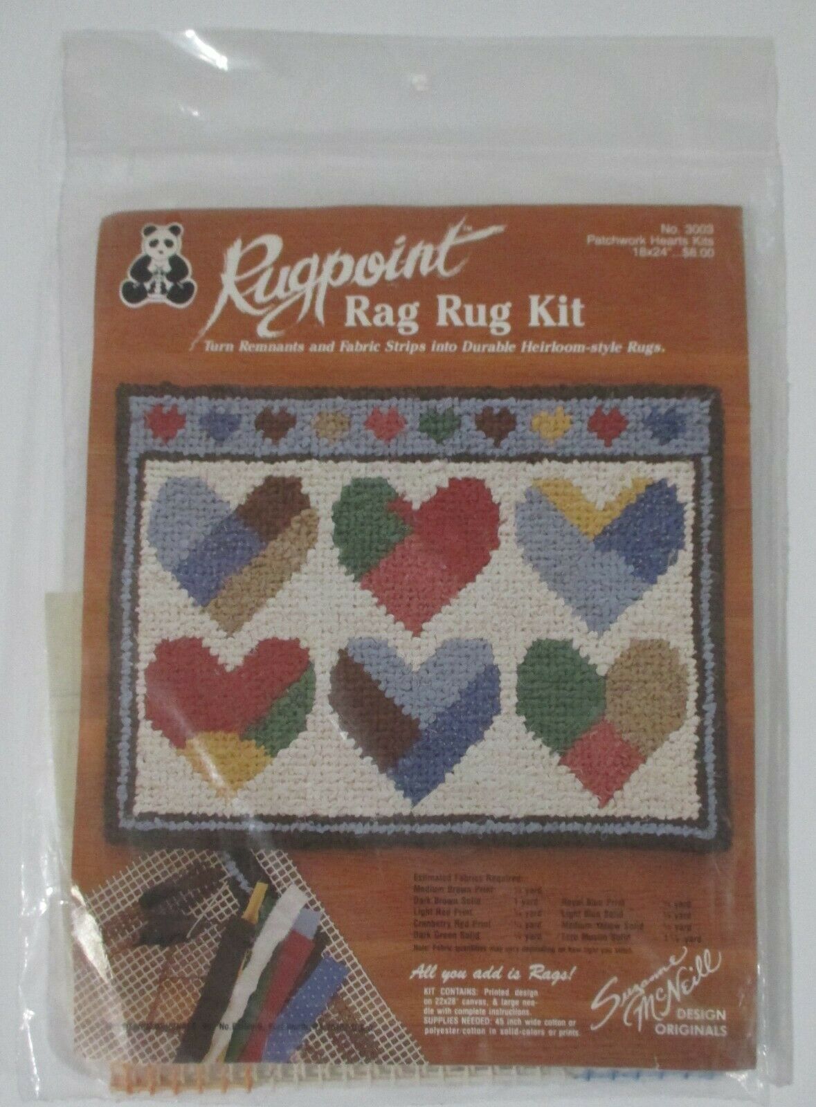 Vtg Rugpoint Patchwork Hearts Rag Rug Kit #3003 For Remnant Fabric 18x24 Sealed